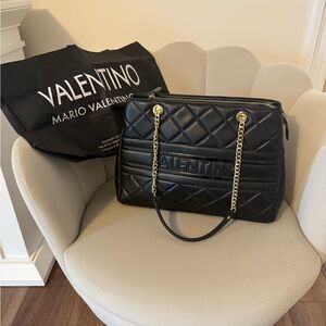 Mario Valentino Black Quilted Ada Leather Shoulder Bag with Gold Chain